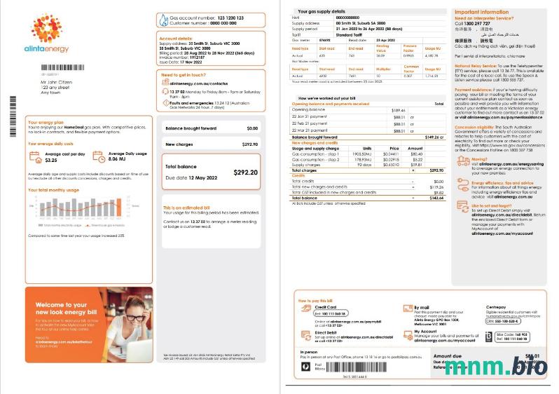 Australia Alinta Energy gas rachunek za media szablon w formacie Word i PDF, 2 strony